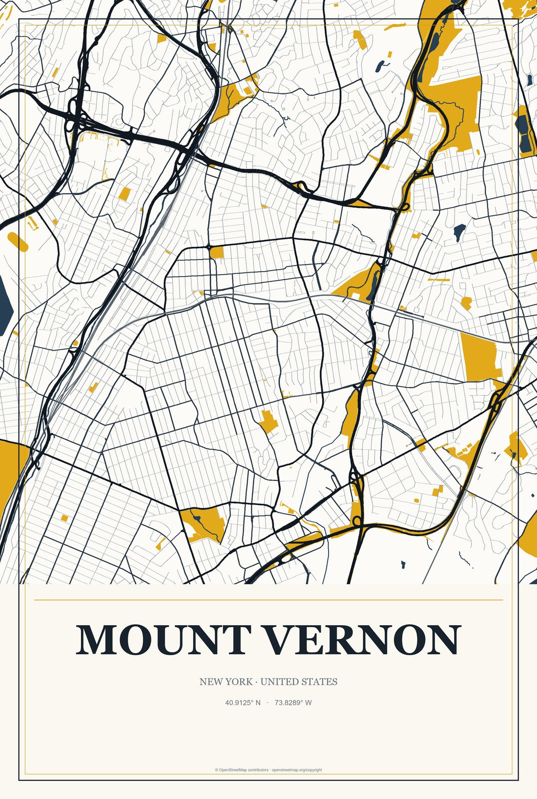 Mount Vernon, New York City Map Aluminum Sign in Citrine Modern style