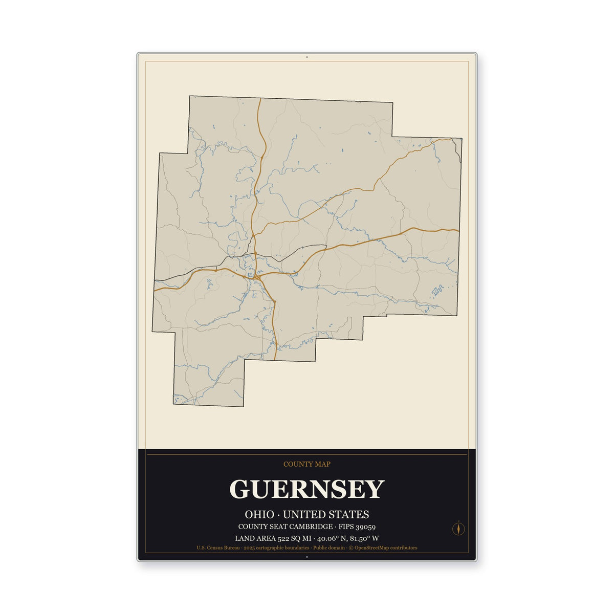 Guernsey County, Ohio Map Aluminum Sign in Museum Plaque style
