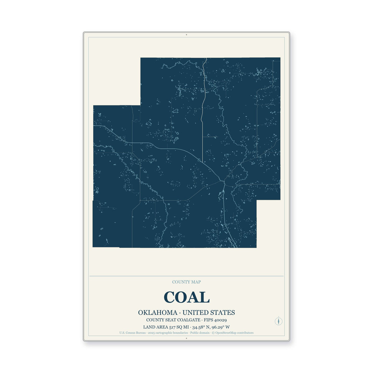 Coal County, Oklahoma Map Aluminum Sign in Coastal Cutout style