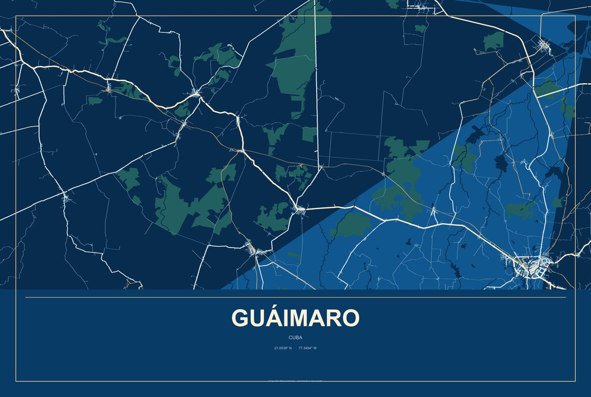 Guáimaro, Cuba City Map Aluminum Sign in Harbor Cobalt style