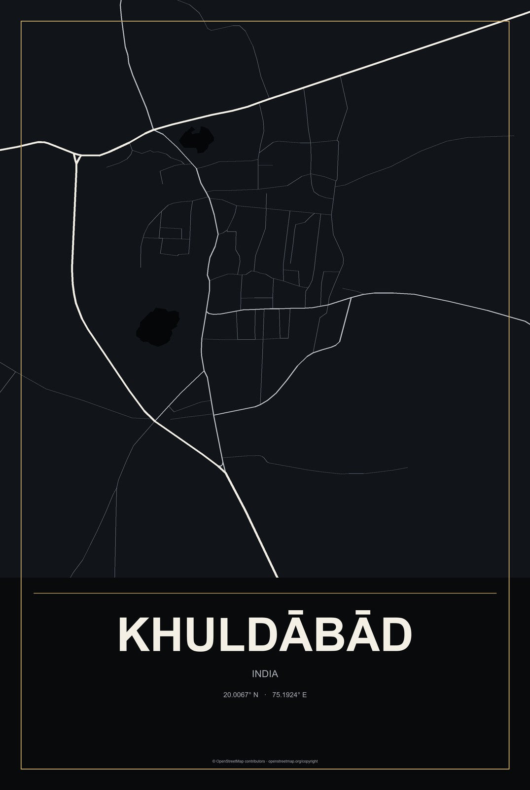 Khuldābād, India City Map Aluminum Sign in Metropolitan Noir style