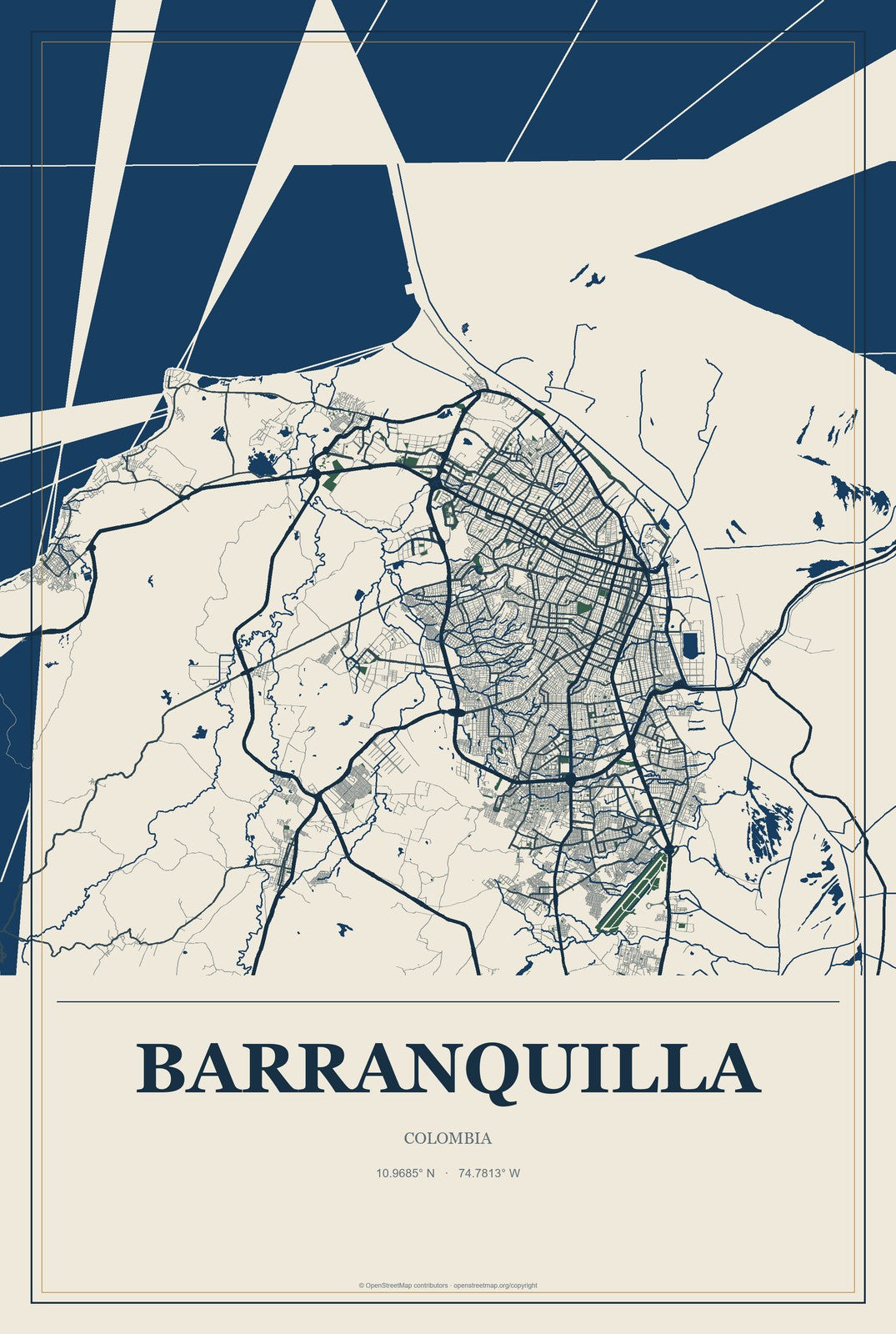 Barranquilla, Colombia City Map Aluminum Sign in Coastal Cutout style