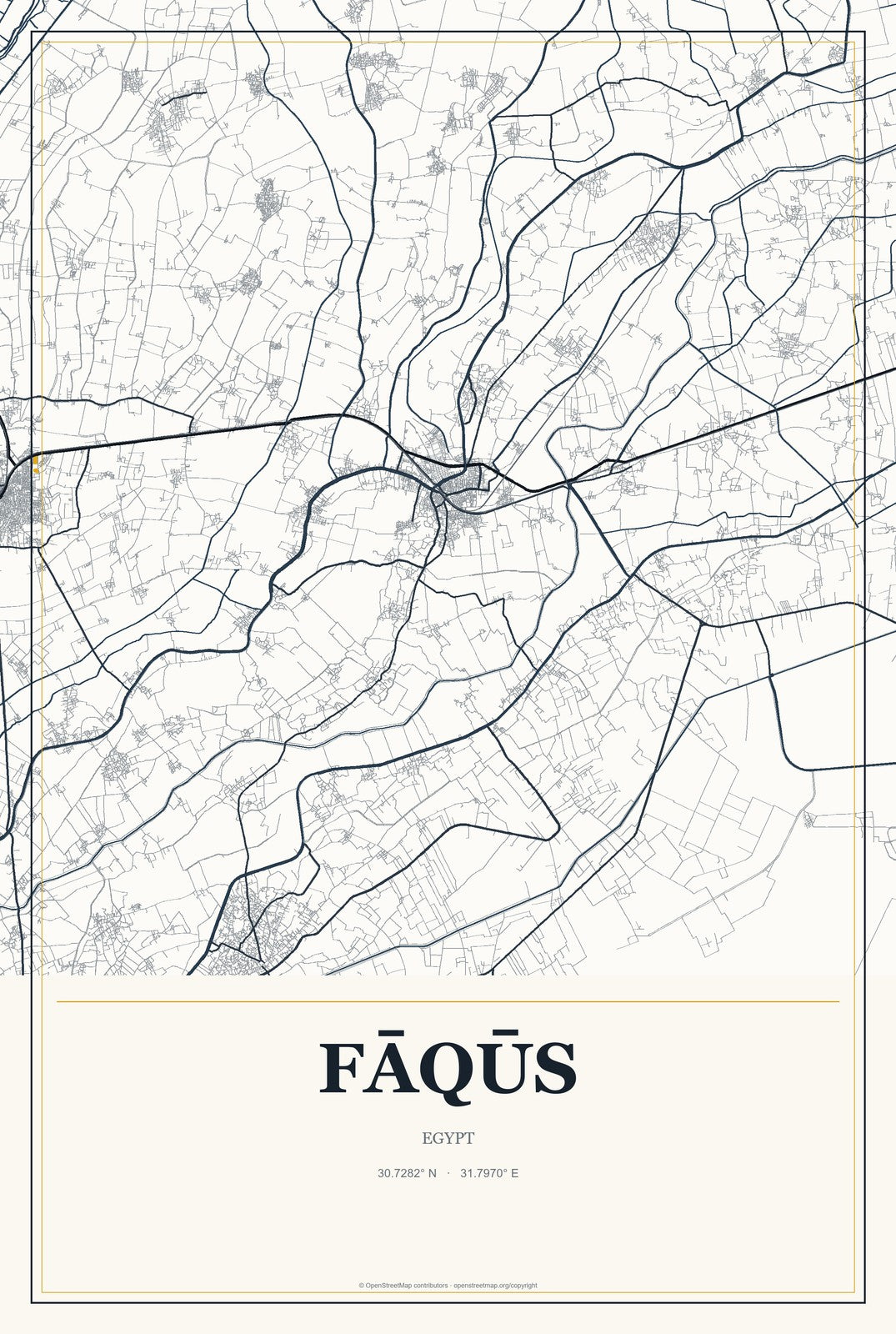 Fāqūs, Egypt City Map Aluminum Sign in Citrine Modern style