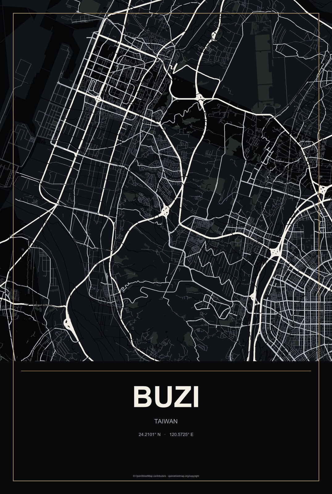 Buzi, Taiwan City Map Aluminum Sign in Metropolitan Noir style