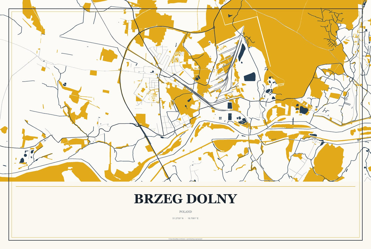 Brzeg Dolny, Poland City Map Aluminum Sign in Citrine Modern style