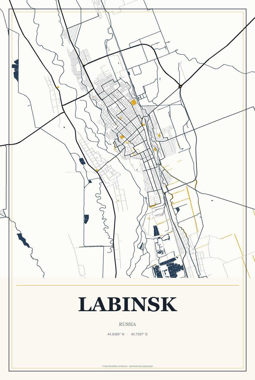 Labinsk, Russia City Map Aluminum Sign in Citrine Modern style