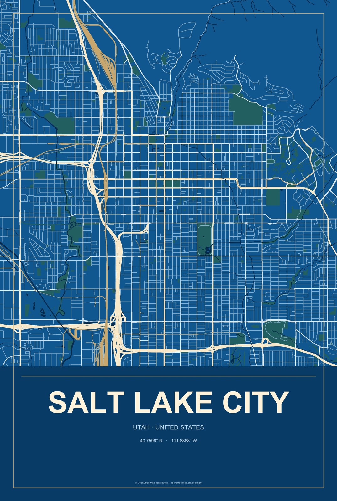 Salt Lake City, Utah City Map Aluminum Sign in Harbor Cobalt style