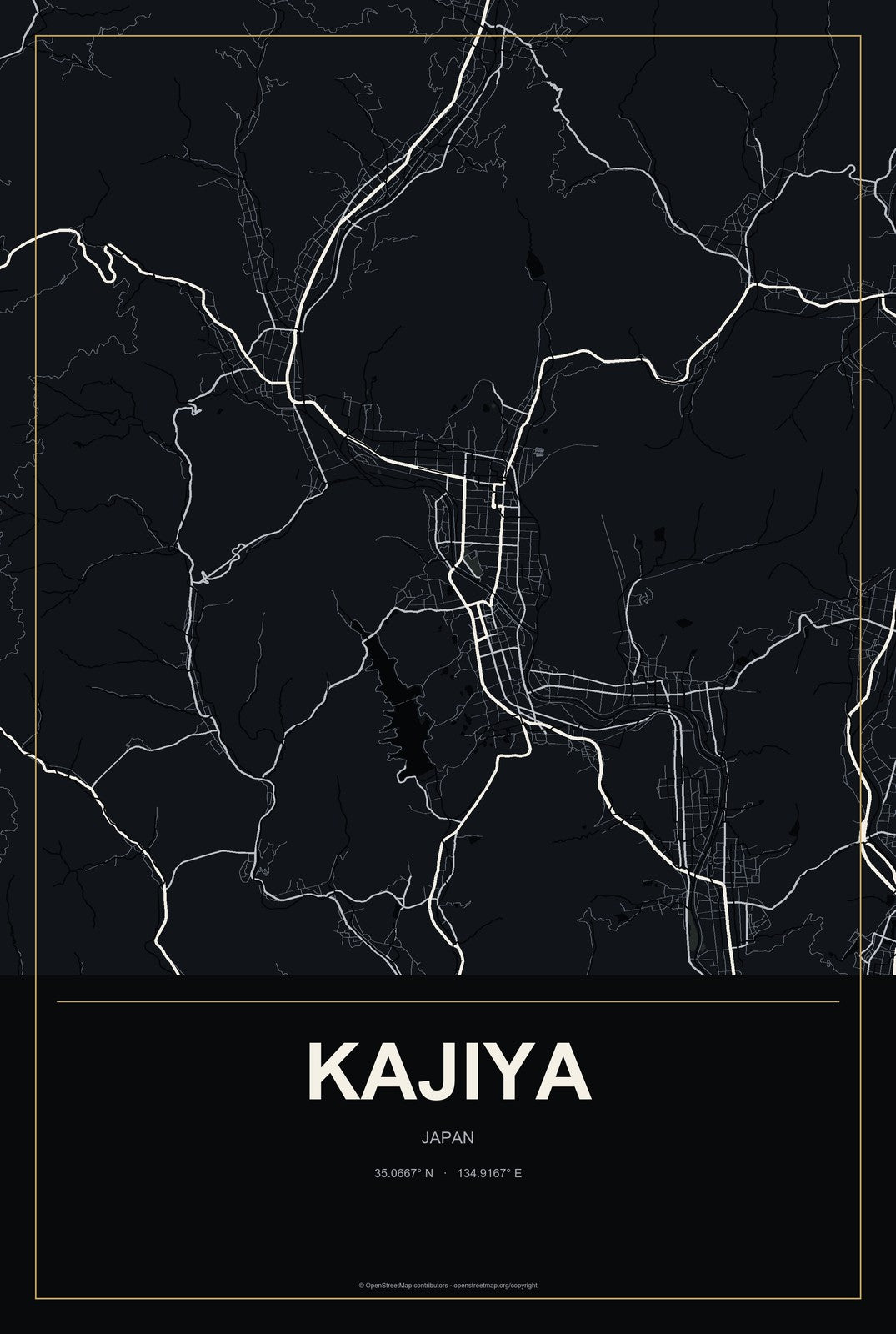 Kajiya, Japan City Map Aluminum Sign in Metropolitan Noir style