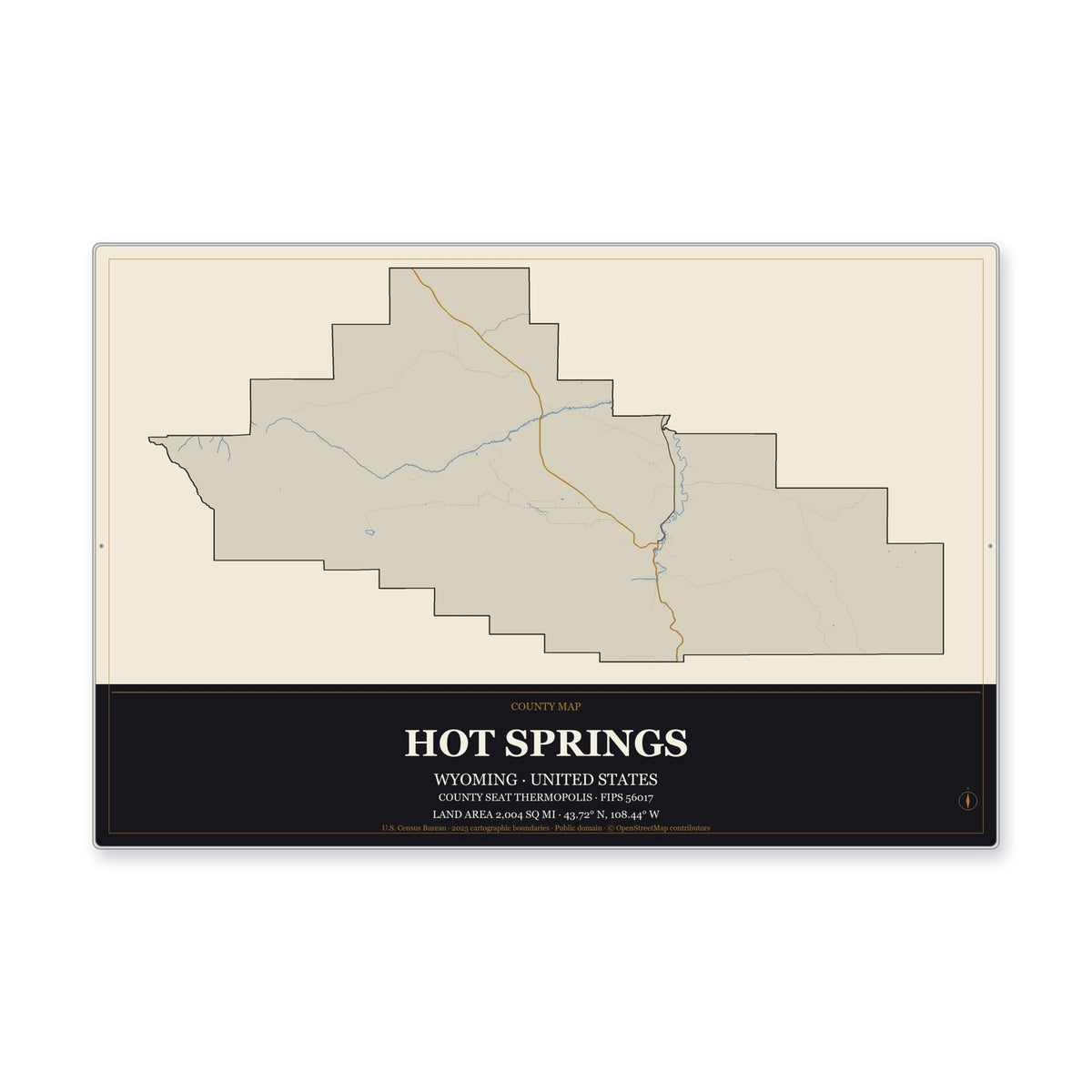 Hot Springs County, Wyoming Map Aluminum Sign in Museum Plaque style