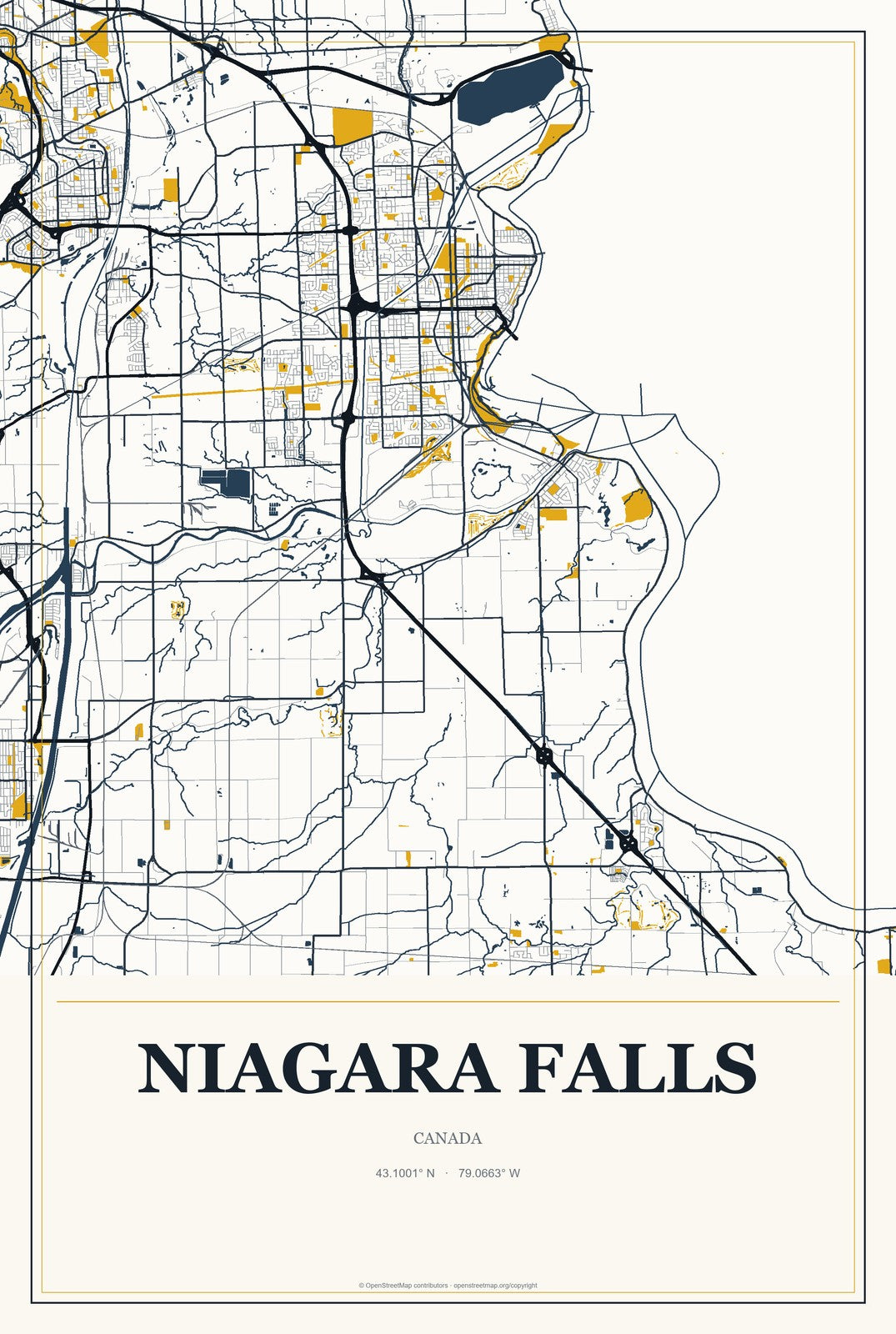 Niagara Falls, Canada City Map Aluminum Sign in Citrine Modern style