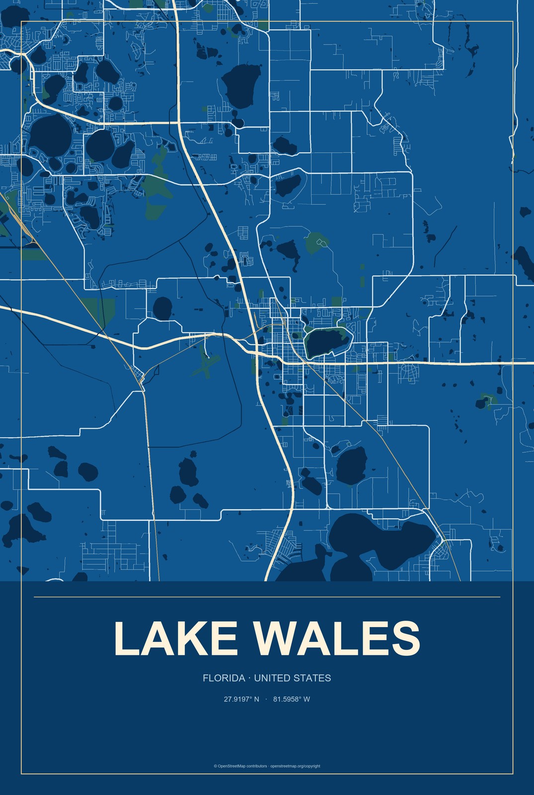 Lake Wales, Florida City Map Aluminum Sign in Harbor Cobalt style