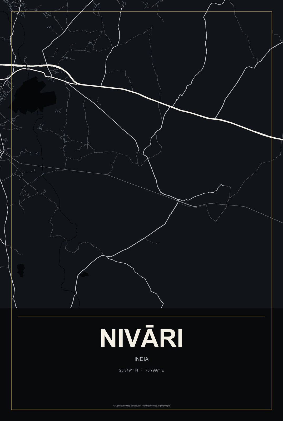 Nivāri, India City Map Aluminum Sign in Metropolitan Noir style