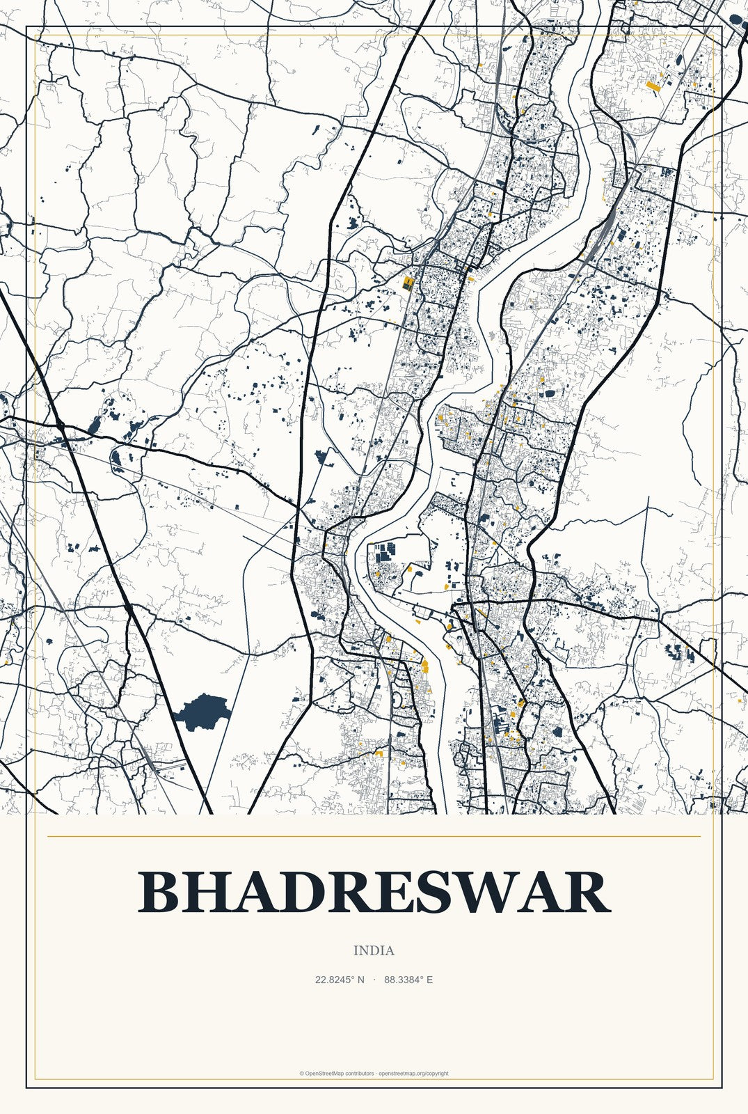 Bhadreswar, India City Map Aluminum Sign in Citrine Modern style
