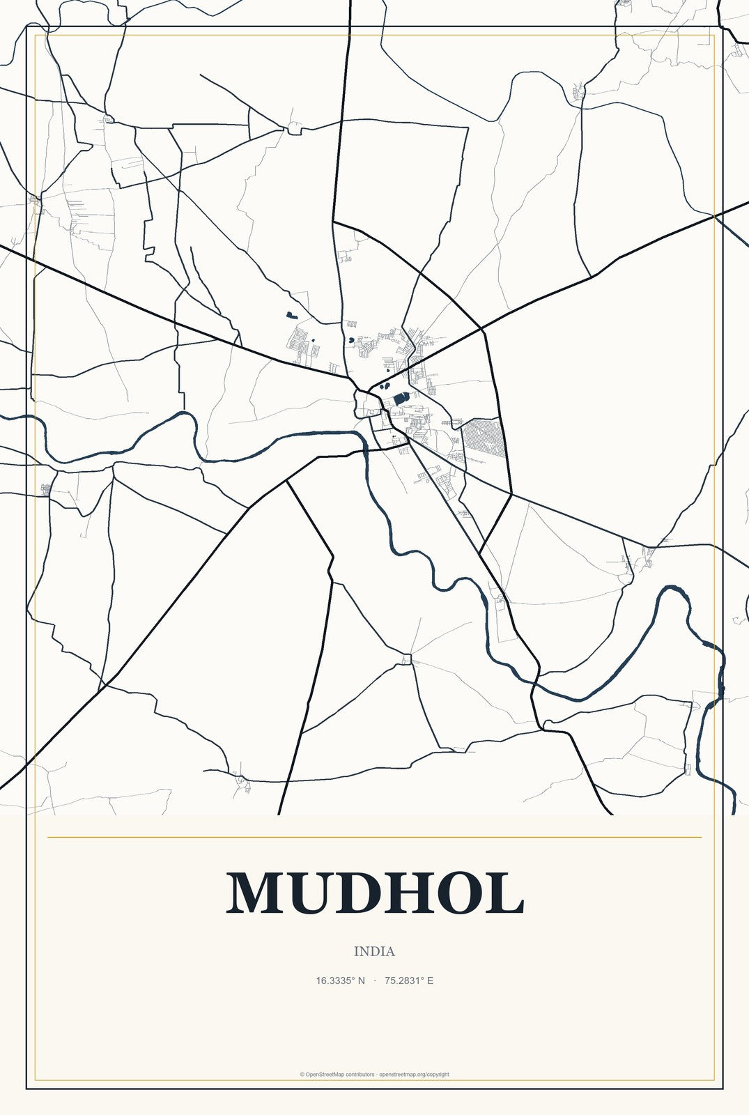 Mudhol, India City Map Aluminum Sign in Citrine Modern style