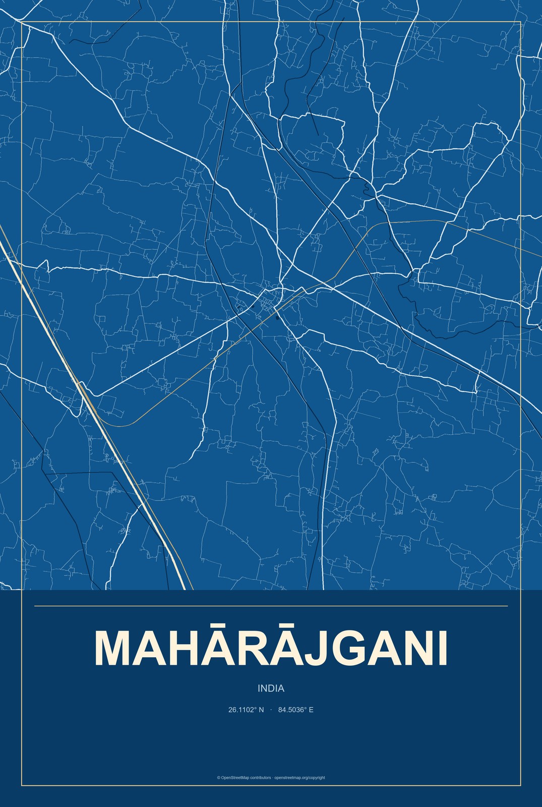 Mahārājgani, India City Map Aluminum Sign in Harbor Cobalt style