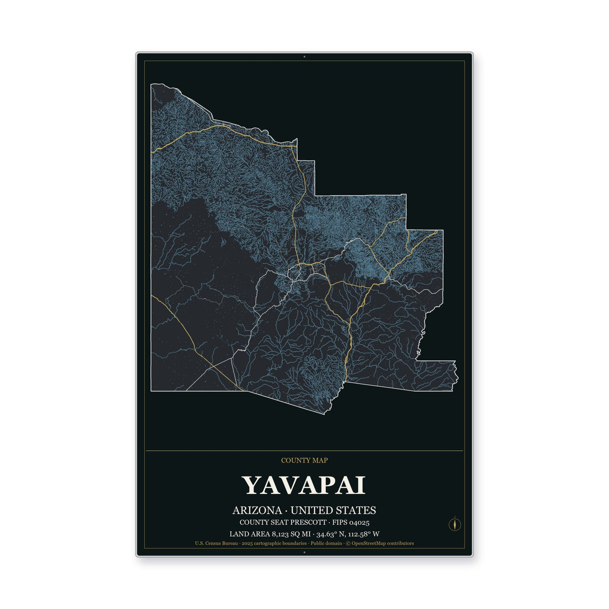 Yavapai County, Arizona Map Aluminum Sign in Metropolitan Noir style