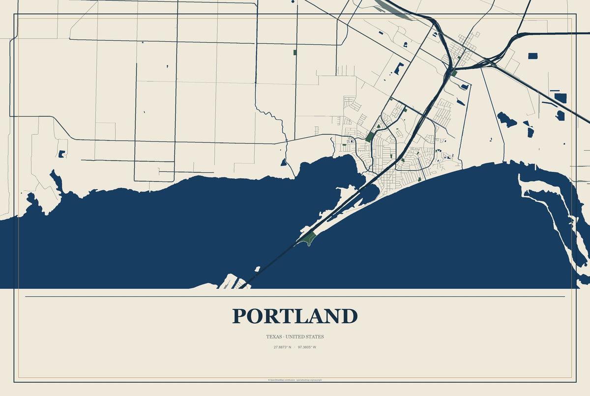 Portland, Texas City Map Aluminum Sign in Coastal Cutout style