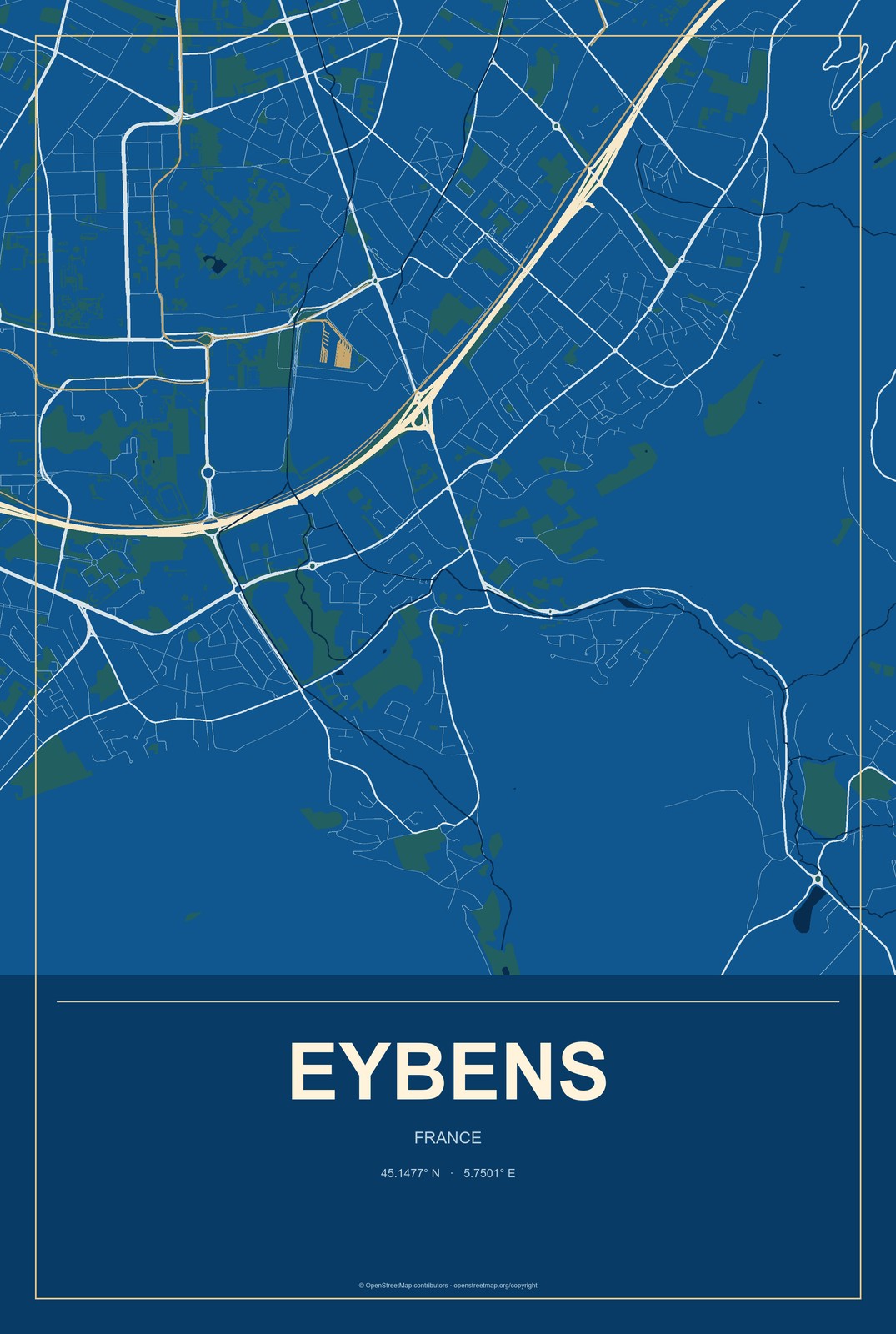 Eybens, France City Map Aluminum Sign in Harbor Cobalt style