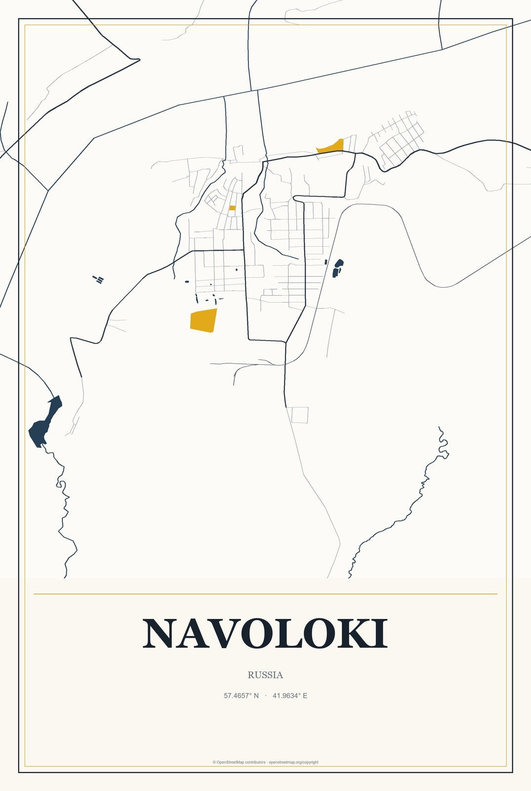 Navoloki, Russia City Map Aluminum Sign in Citrine Modern style