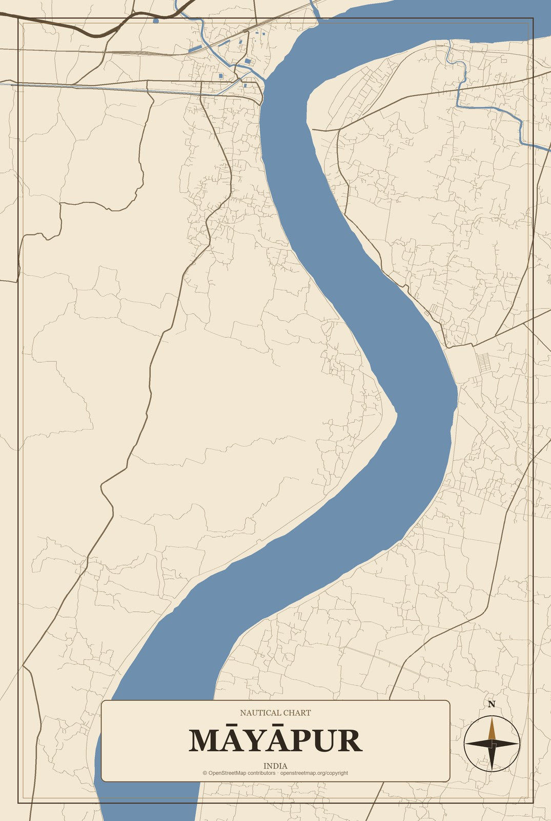 Māyāpur, India City Map Aluminum Sign in Heritage Nautical style