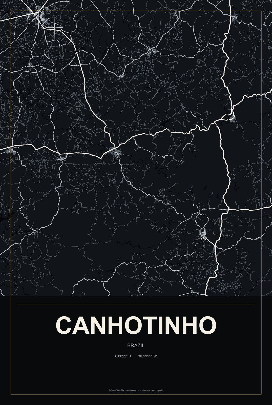 Canhotinho, Brazil City Map Aluminum Sign in Metropolitan Noir style
