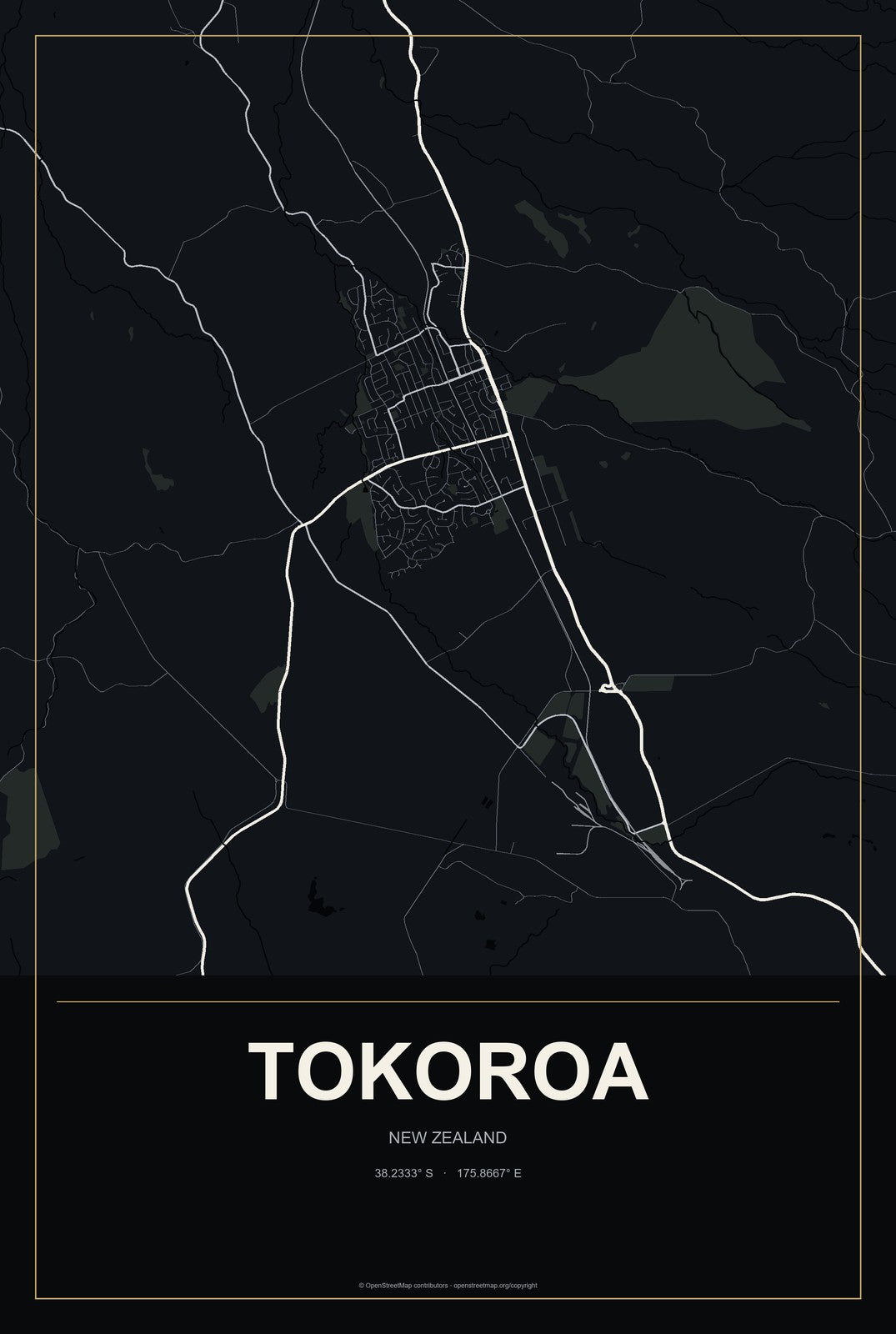 Tokoroa, New Zealand City Map Aluminum Sign in Metropolitan Noir style
