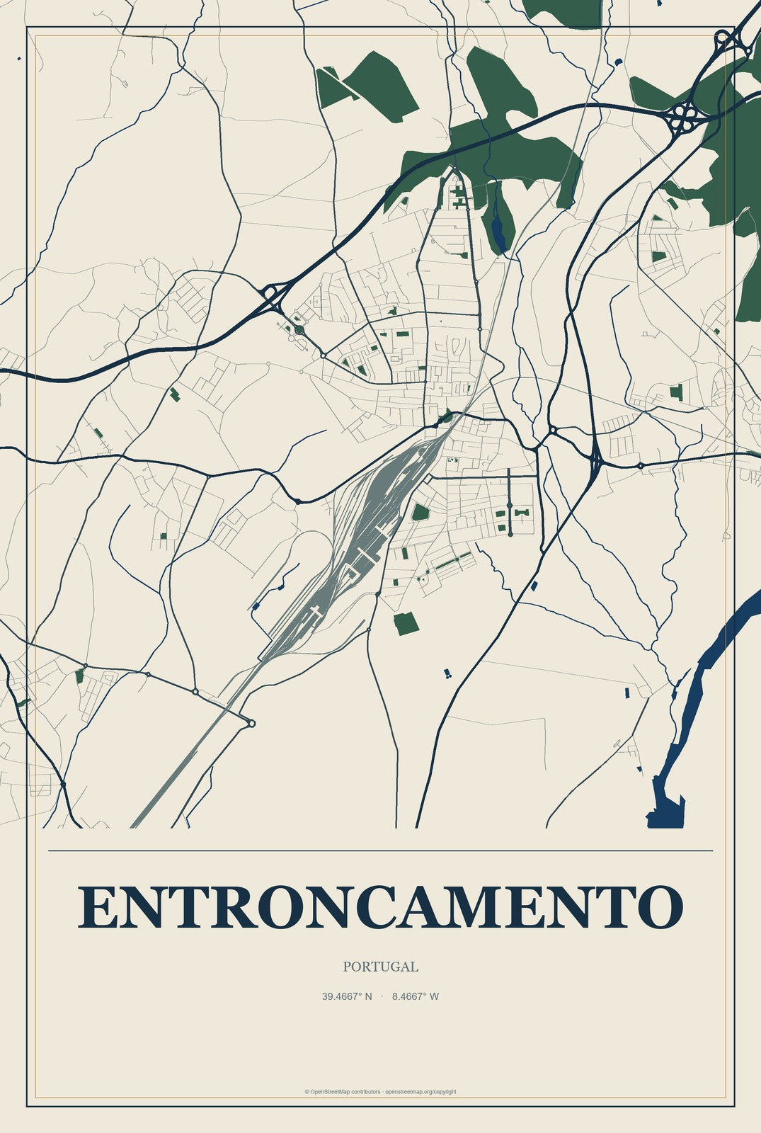 Entroncamento, Portugal City Map Aluminum Sign in Coastal Cutout style