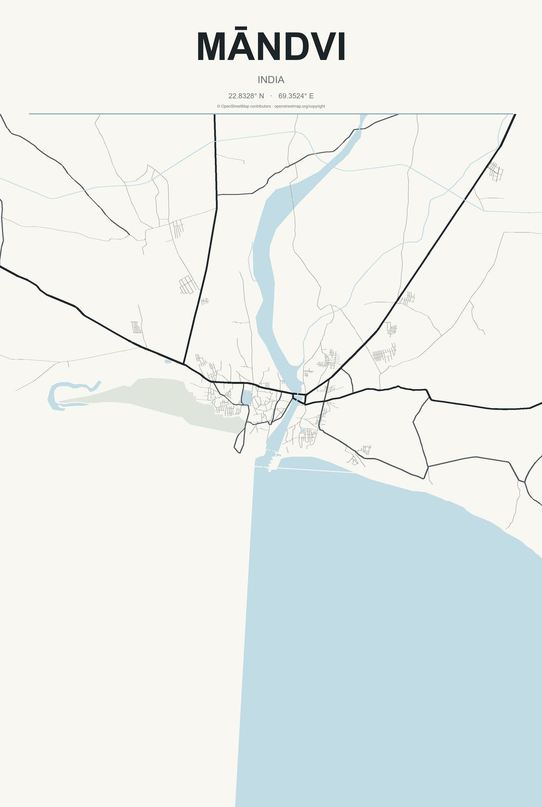 Māndvi, India City Map Aluminum Sign in Headline Atlas style