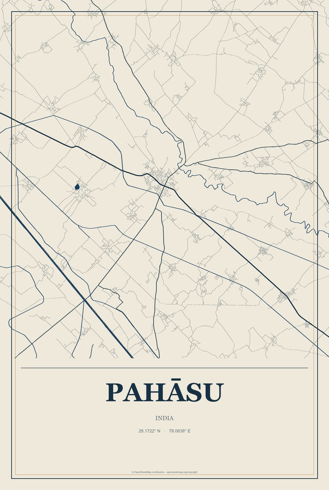 Pahāsu, India City Map Aluminum Sign in Coastal Cutout style