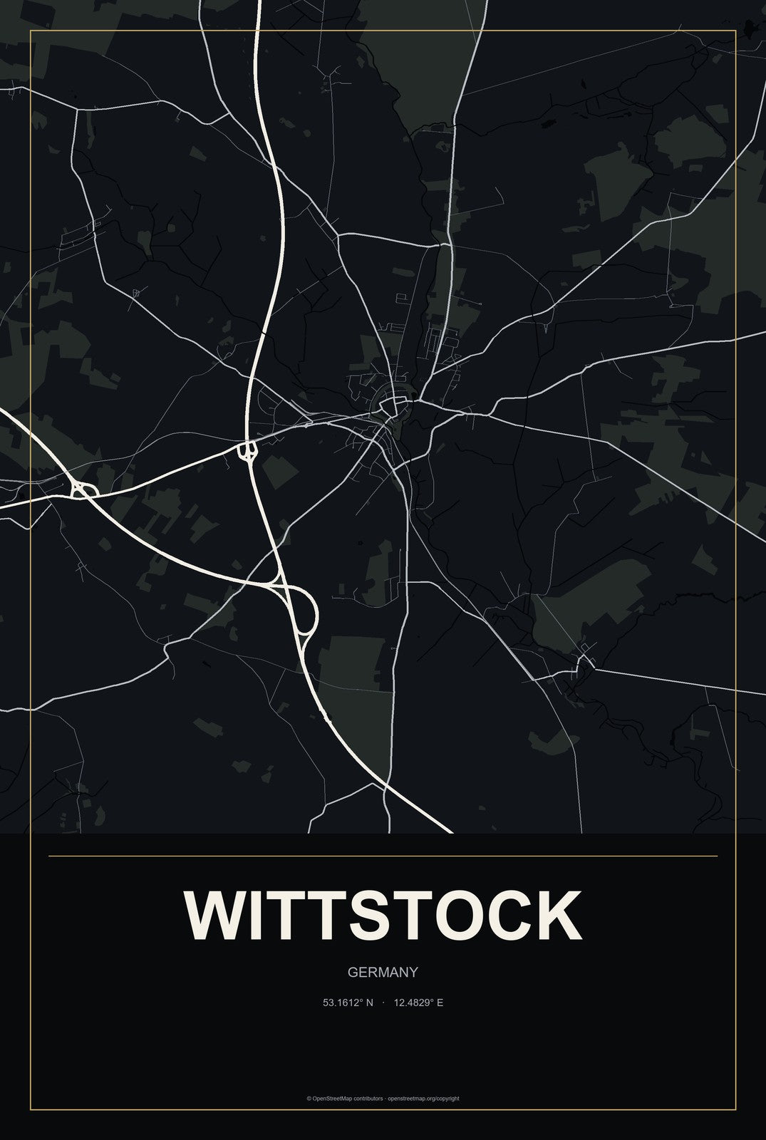 Wittstock, Germany City Map Aluminum Sign in Metropolitan Noir style