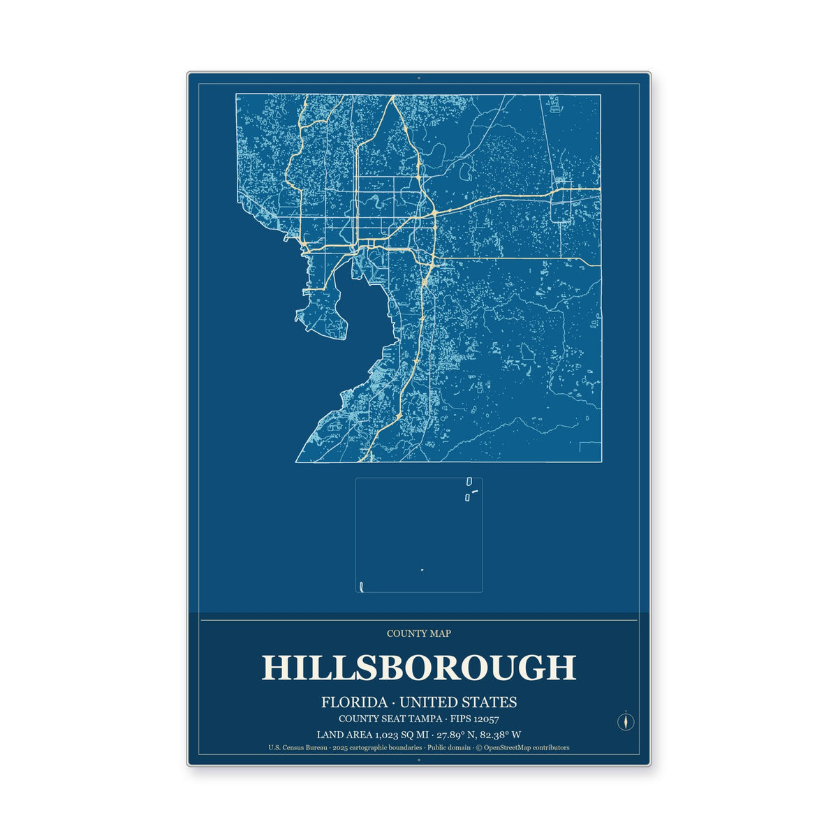 Hillsborough County, Florida Map Aluminum Sign in Harbor Cobalt style
