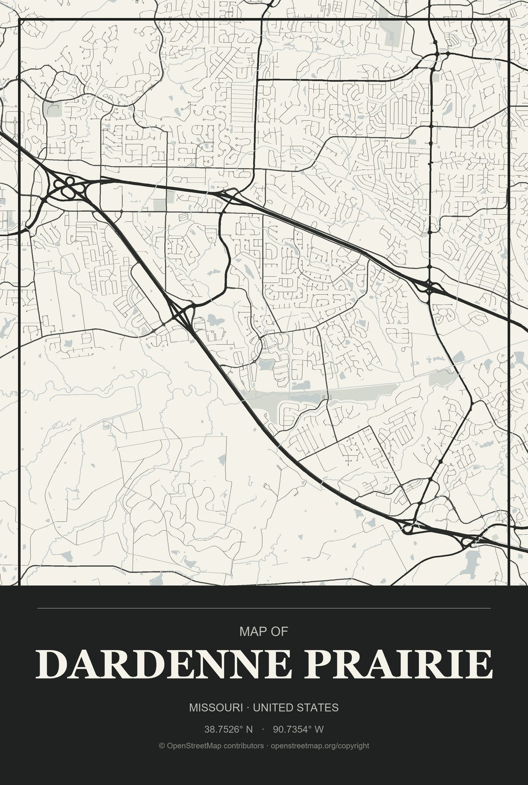 Dardenne Prairie, Missouri City Map Aluminum Sign in Museum Plaque style