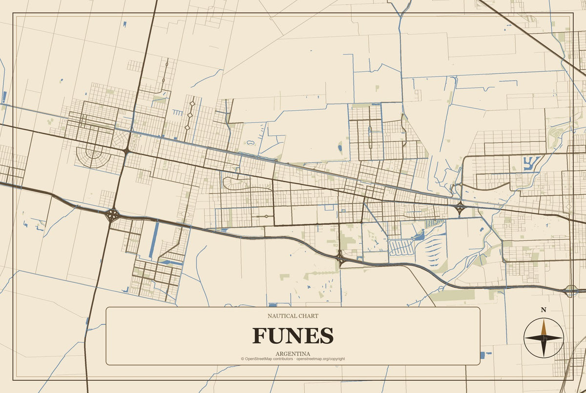 Funes, Argentina City Map Aluminum Sign in Heritage Nautical style