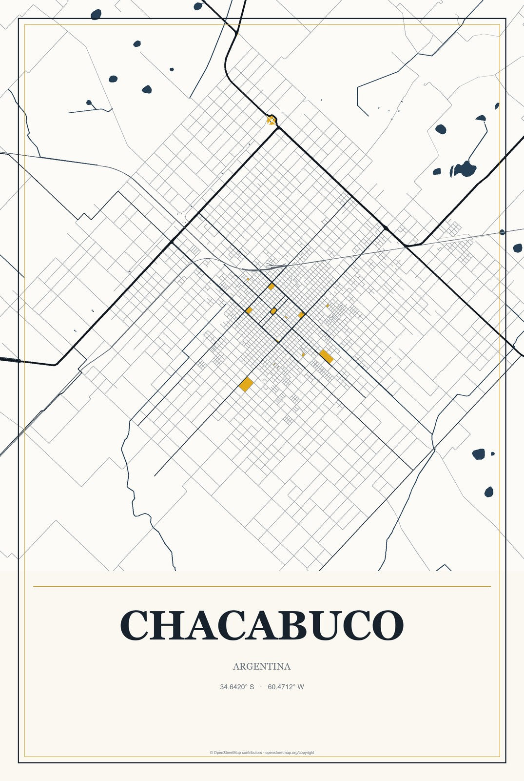 Chacabuco, Argentina City Map Aluminum Sign in Citrine Modern style