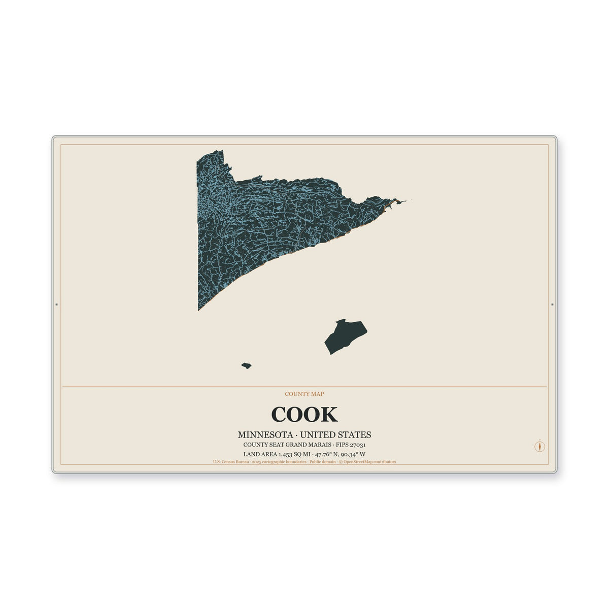 Cook County, Minnesota Map Aluminum Sign in Headline Atlas style