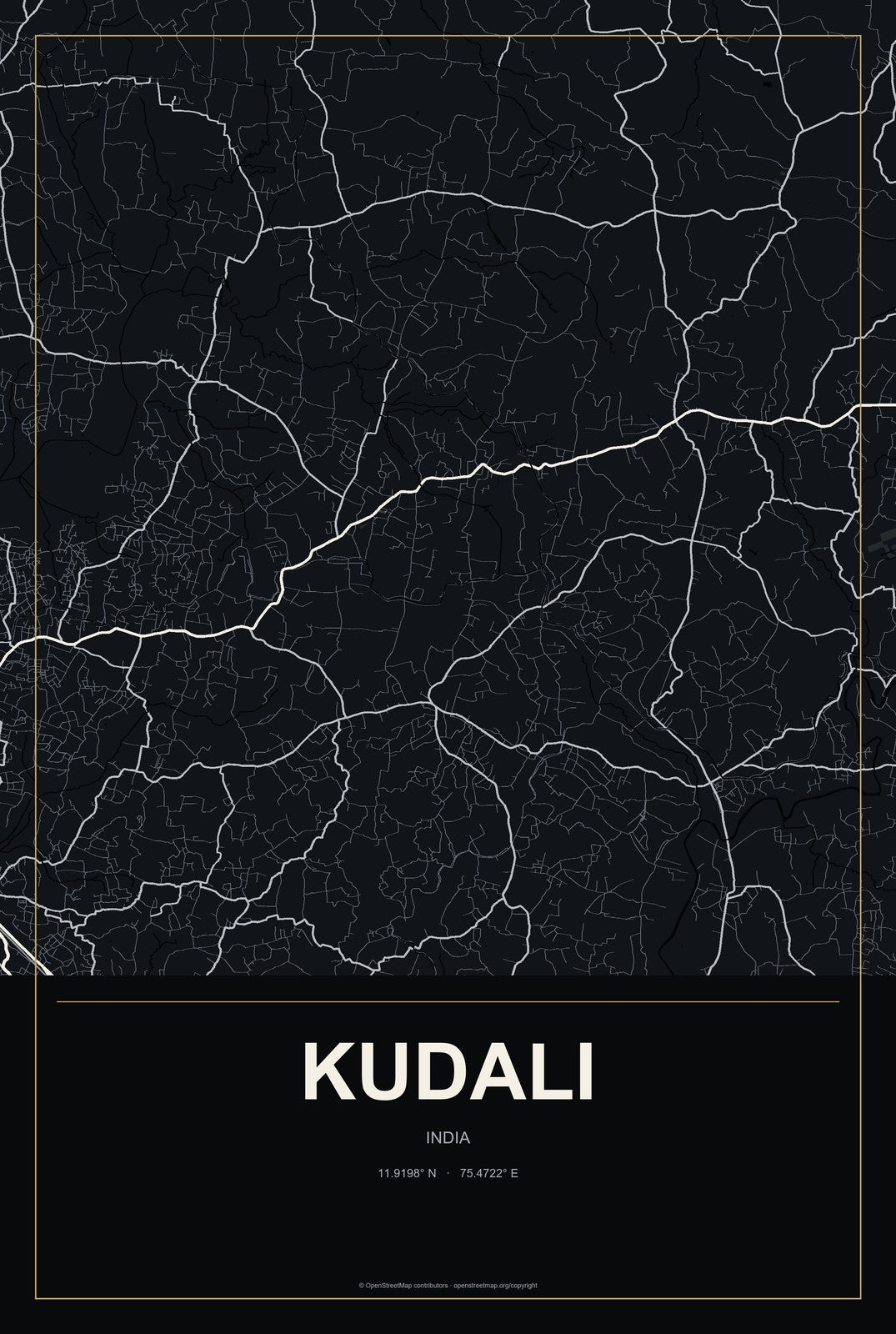 Kudali, India City Map Aluminum Sign in Metropolitan Noir style