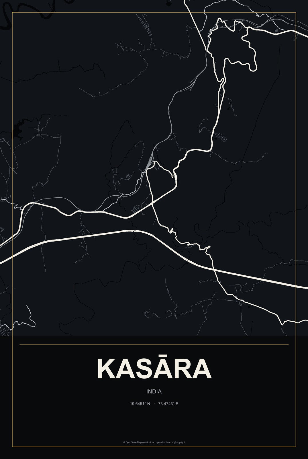 Kasāra, India City Map Aluminum Sign in Metropolitan Noir style