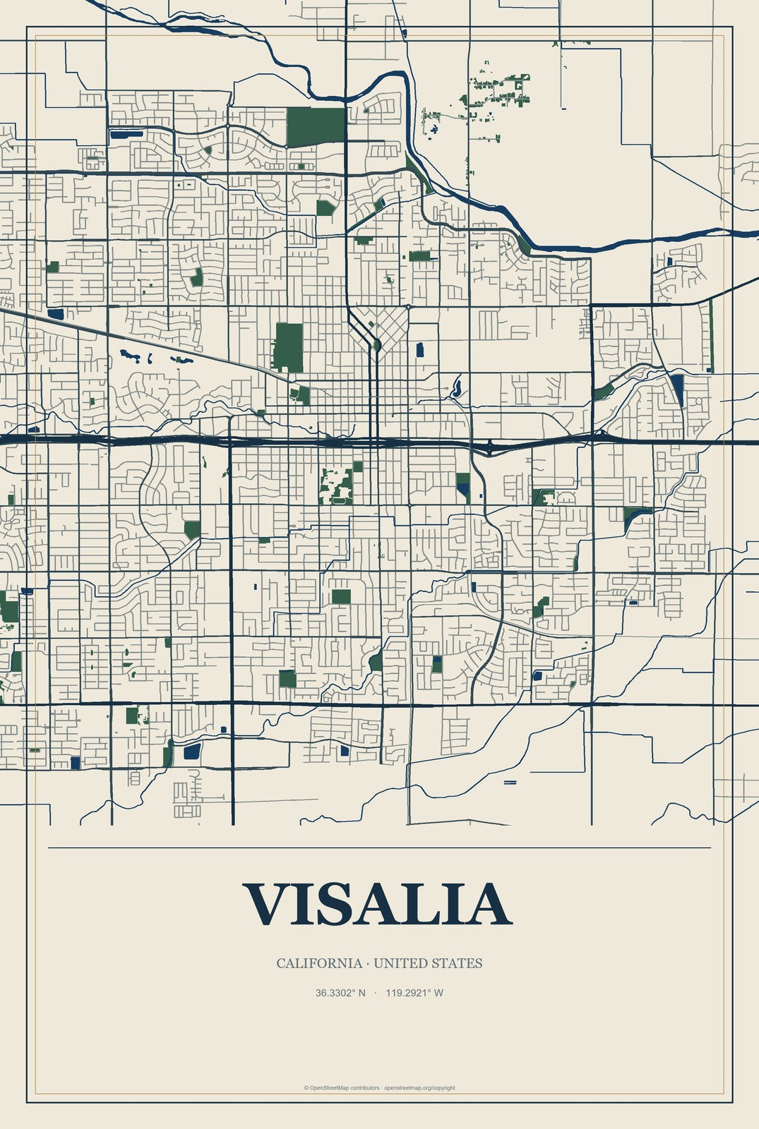 Visalia, California City Map Aluminum Sign in Coastal Cutout style