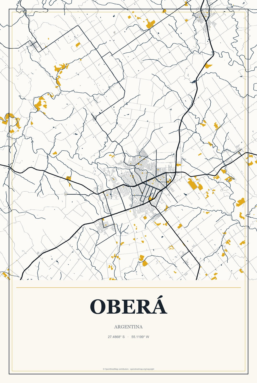 Oberá, Argentina City Map Aluminum Sign in Citrine Modern style