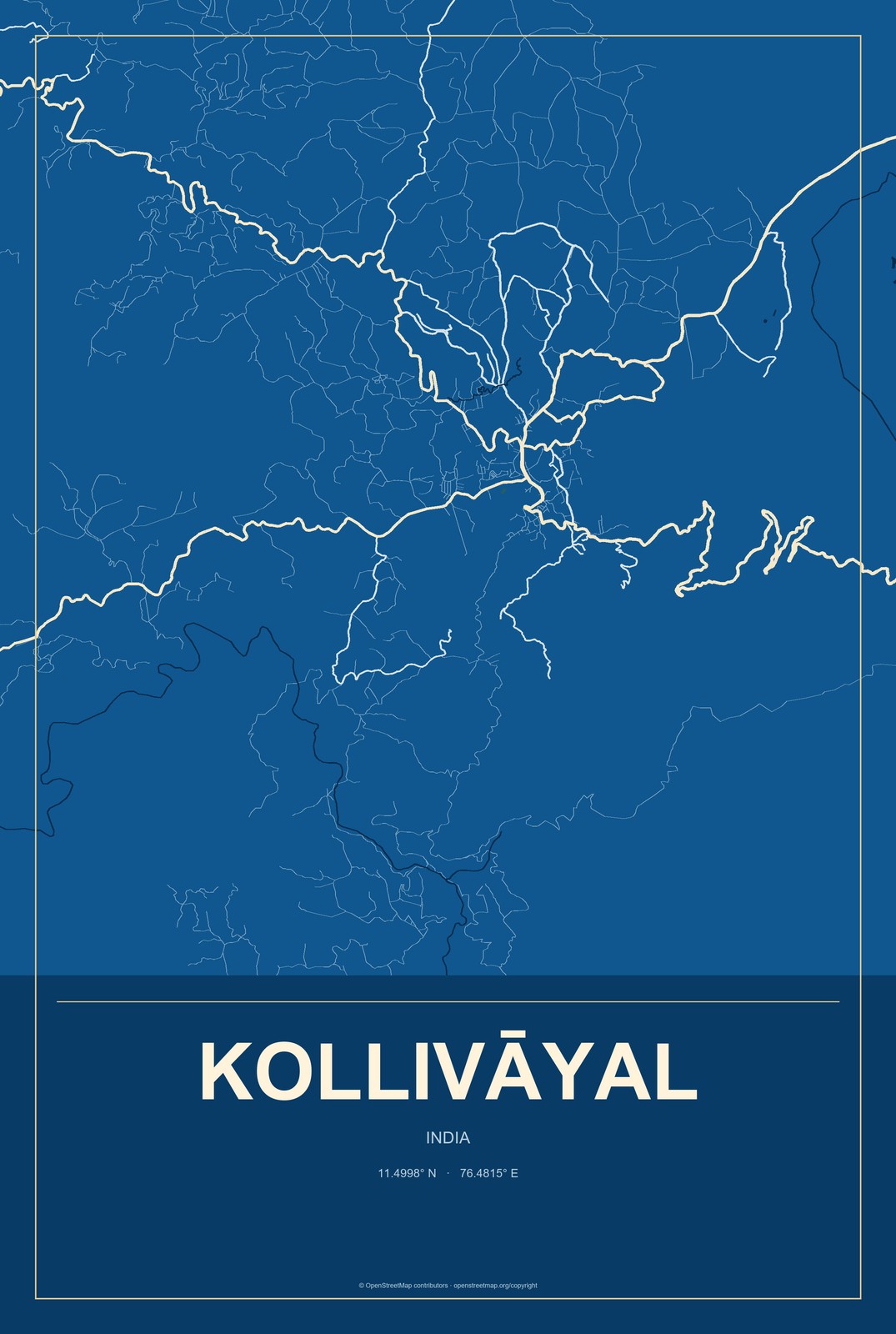 Kollivāyal, India City Map Aluminum Sign in Harbor Cobalt style
