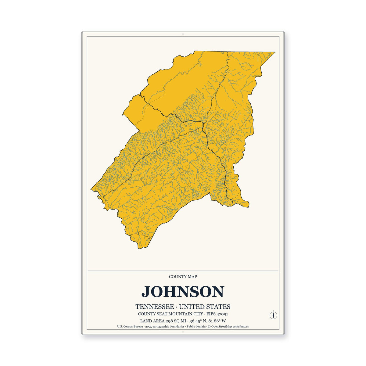 Johnson County, Tennessee Map Aluminum Sign in Citrine Modern style