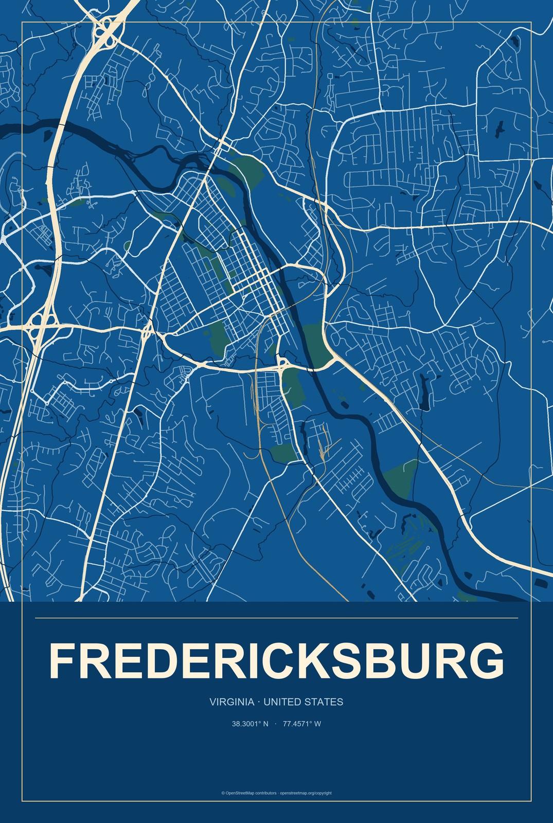Fredericksburg, Virginia City Map Aluminum Sign in Harbor Cobalt style