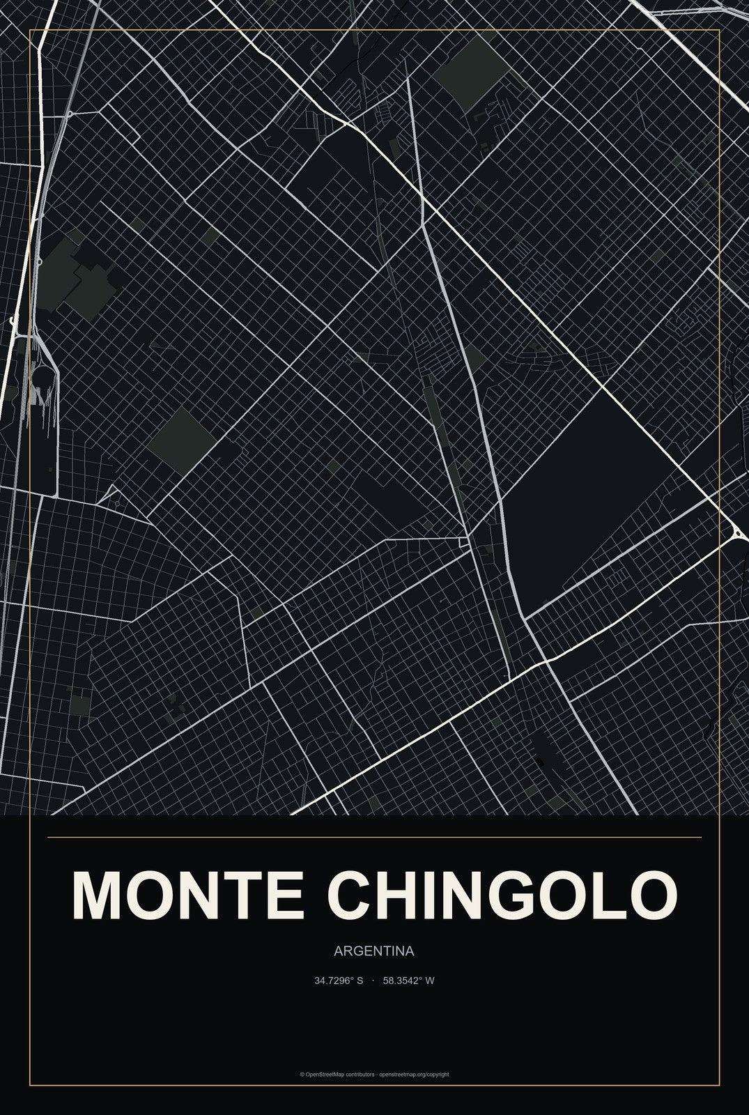 Monte Chingolo, Argentina City Map Aluminum Sign in Metropolitan Noir style
