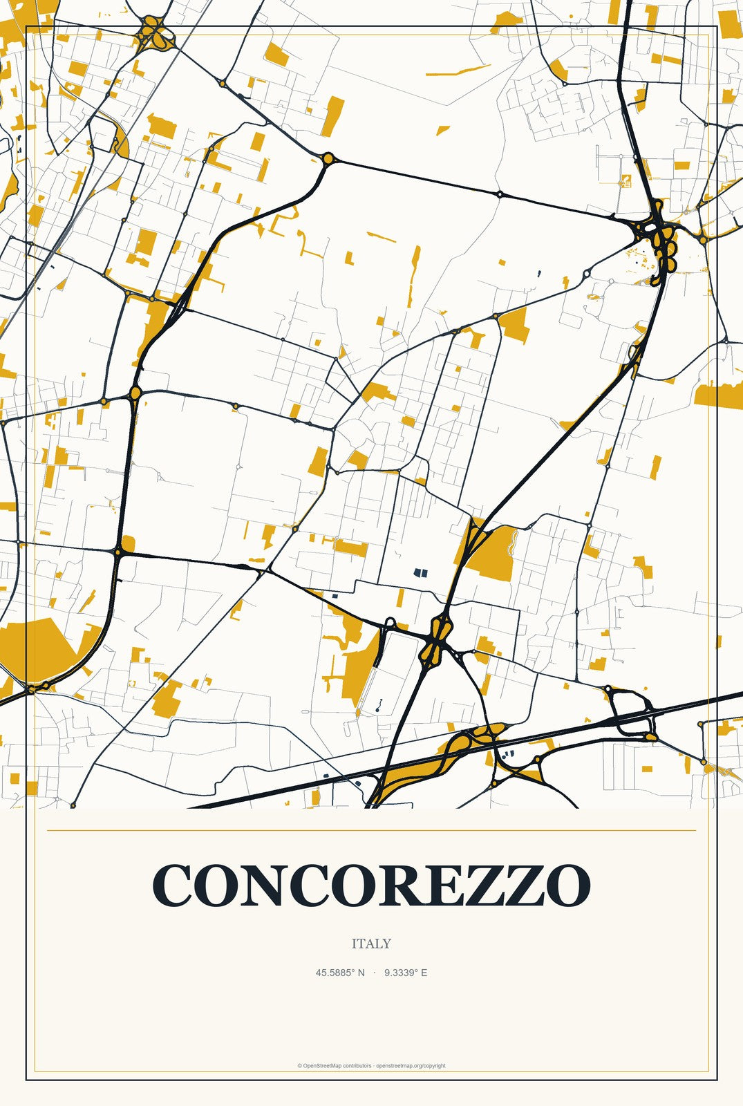 Concorezzo, Italy City Map Aluminum Sign in Citrine Modern style