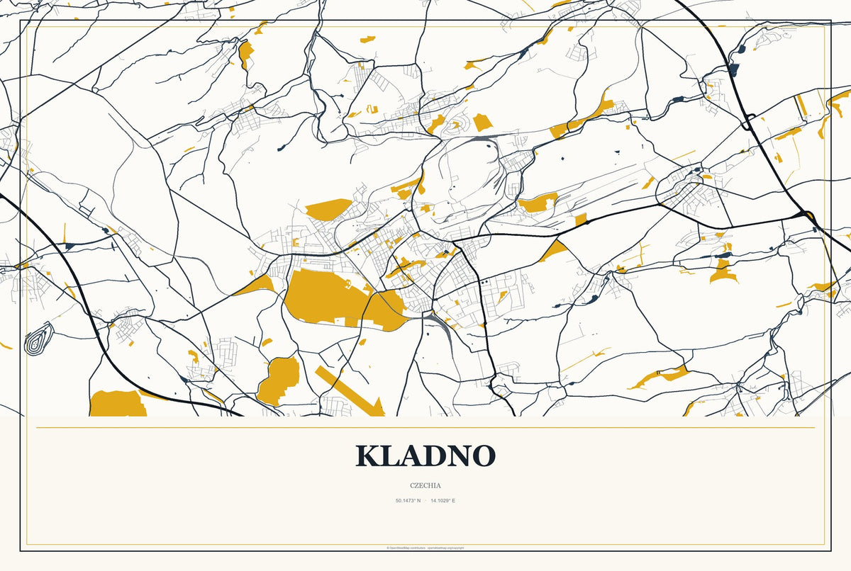 Kladno, Czechia City Map Aluminum Sign in Citrine Modern style