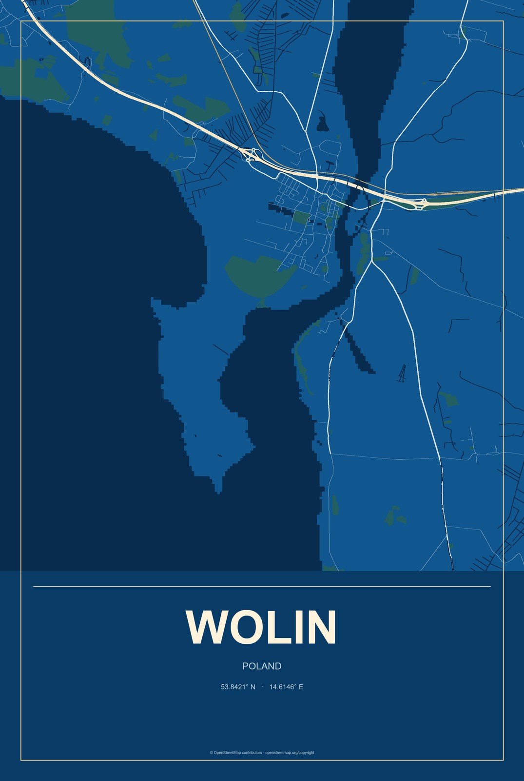 Wolin, Poland City Map Aluminum Sign in Harbor Cobalt style