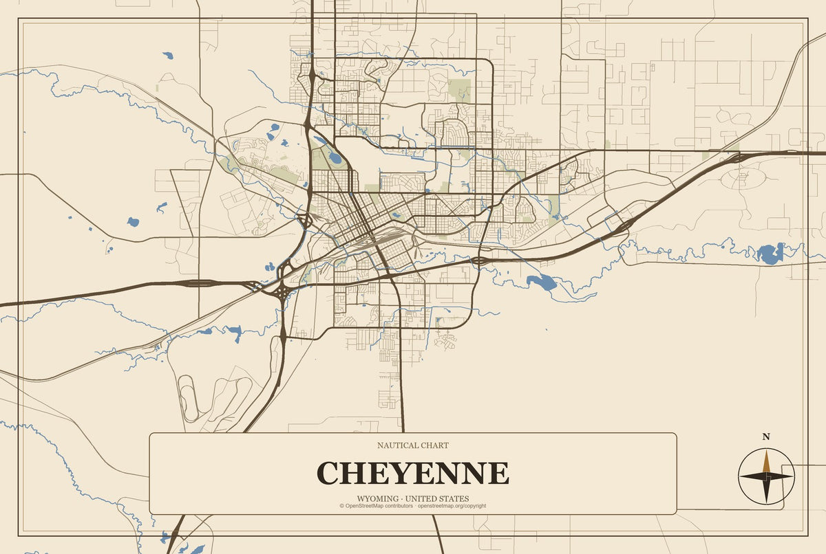 Cheyenne, Wyoming City Map Aluminum Sign in Heritage Nautical style