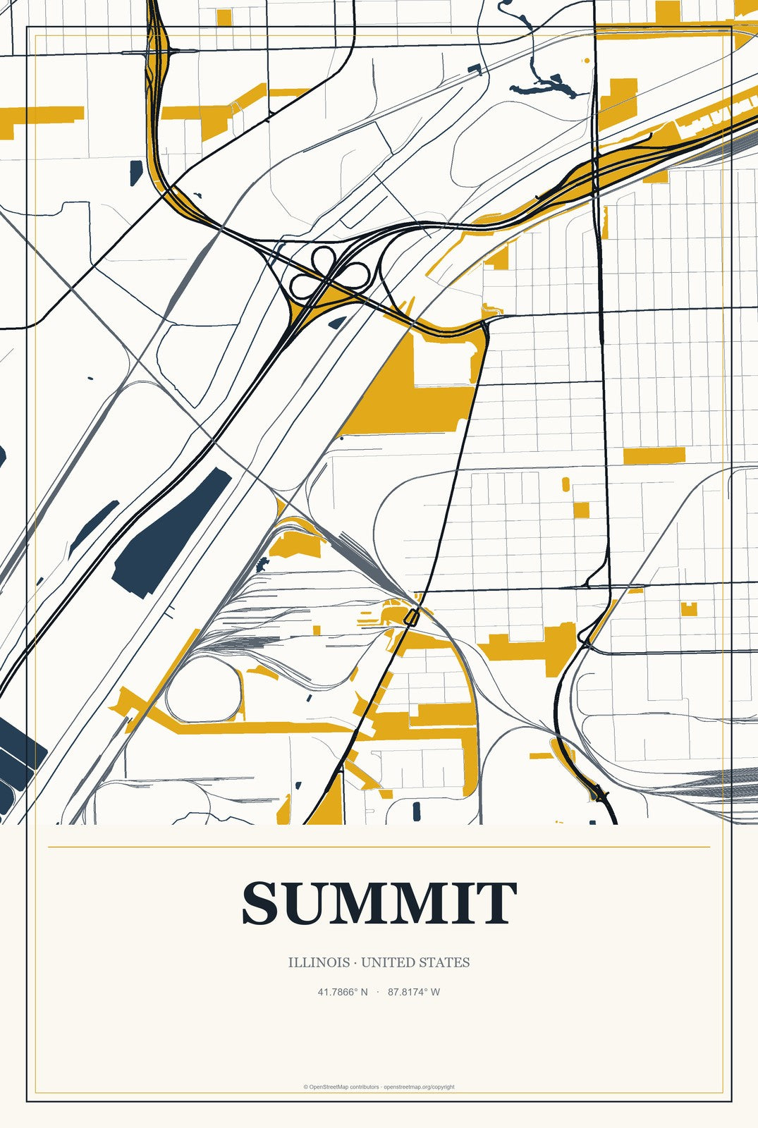 Summit, Illinois City Map Aluminum Sign in Citrine Modern style