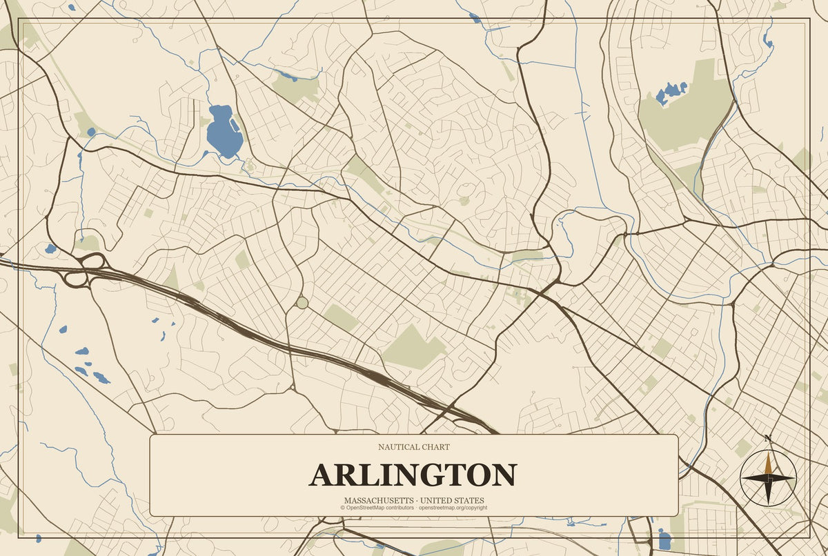 Arlington, Massachusetts City Map Aluminum Sign in Heritage Nautical style