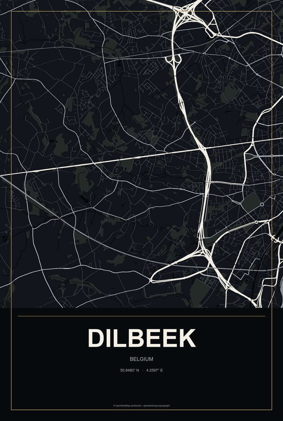 Dilbeek, Belgium City Map Aluminum Sign in Metropolitan Noir style